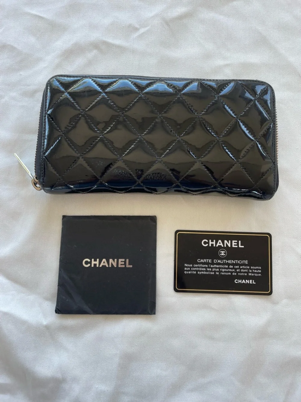 CHANEL Black Quilted Patent Leather Zip-Around Wallet - Picture 2 of 3